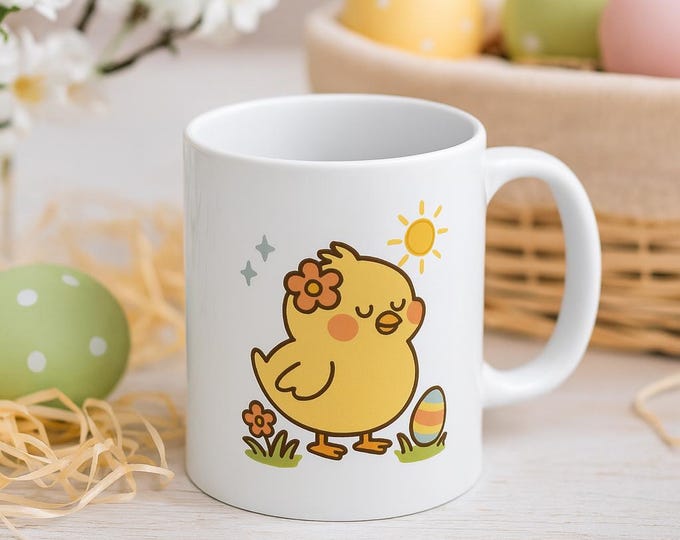 Featured listing image: Easter Mug with Bunny & Chick – Cute Spring Coffee Cup – Pastel Animal Illustration – Easter Gift – Ceramic Mug for Easter Morning