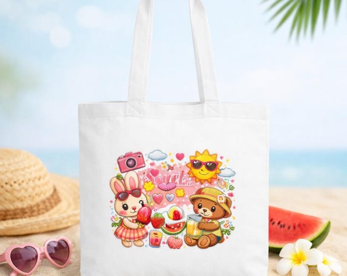 Featured listing image: Sweet Summer Tote Bag • Cute Kawaii Animals • Watermelon & Ice Cream Design • Pastel Aesthetic Beach Bag • Reusable Shopping Tote Gift