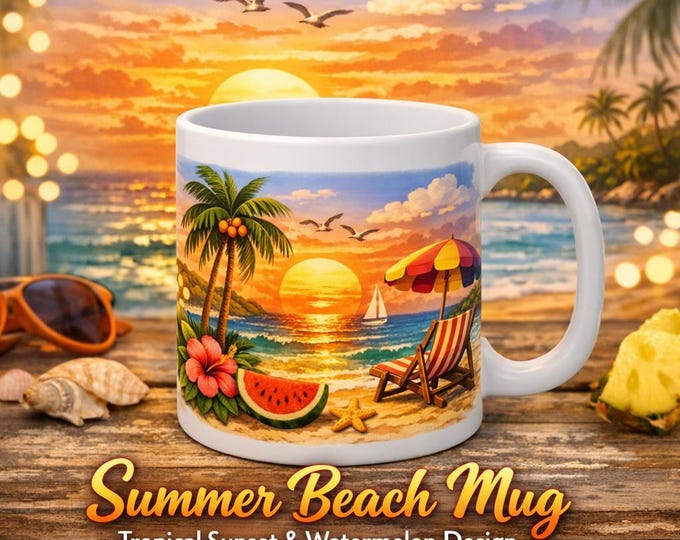 Featured listing image: Summer Beach Mug • Tropical Sunset Palm Trees Cup • Coastal Vacation Gift • Watermelon & Hibiscus Illustration
