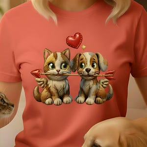 Cute Valentines Dog and Cat Couple Shirt | Faux Leather Patchwork Print | Matching Couple Tee | Pet Lover Gift
