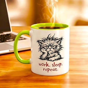 Sarcastic Office Mug | Funny Cat Coffee | Work Sleep Repeat | Coworker Gift | Humorous Coffee
