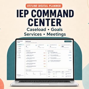 Könnte beinhalten: Ein offline digitaler Planer mit dem Titel IEP COMMAND CENTER und den Unterüberschriften Caseload, Goals, Services und Meetings. Der Bildschirm zeigt eine Dashboard-Oberfläche mit verschiedenen Metriken, Prioritäten und Terminen.