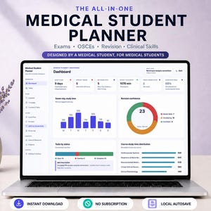 Puede incluir: Un ordenador portátil que muestra un panel de control digital para estudiantes de medicina con gráficos, seguimiento de tiempo de estudio y barras de estado. La pantalla incluye el texto The All-In-One Medical Student Planner, Exams, OSCEs, Revision.