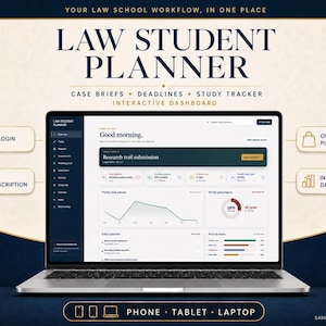 May include: A digital law student planner displayed on a laptop screen, featuring an interactive dashboard with sections for case briefs, deadlines, and study trackers. The interface includes text labels like 'No Login', 'No Subscription', and 'One-Time Purchase'.