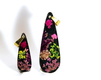 Mother Daughter Resin Necklace Set, Real Flower Jewelry, Purple Yellow Pendant, Gift for Mom