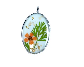 Real Orange Flower Resin Necklace Gold Flakes Pendant Botanical Jewelry Gift For Her