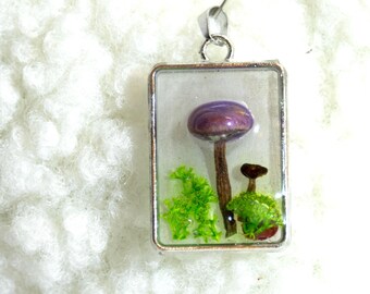 Purple Mushroom Necklace, Real Moss Resin Pendant, Silver Rectangle Bezel, Varbirka