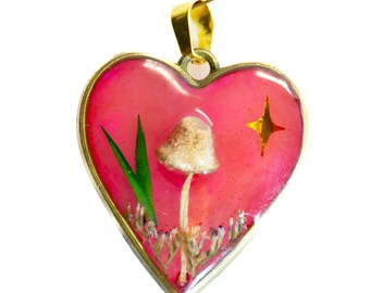 Handmade Red Heart Resin Pendant with Real Mushrooms & Wildflowers