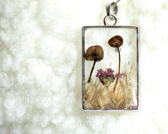 Real Mushroom Duo Necklace, Purple Flower Resin Pendant, Silver Cottagecore Jewelry, Varbirka