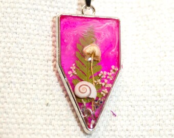 Pink Mushroom & Snail Shell Necklace, Real Fern Resin Pendant, Silver Fairycore Jewelry