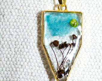 Real Mushroom Cloud Necklace, Sky Resin Pendant, Gold Nature Jewelry, Dreamy Gift