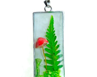 3D pendant with Pink Mushroom & Fern Resin