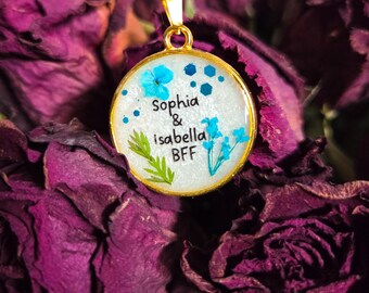 Custom Bestie Necklace, Personalized Name Resin Pendant, Blue Real Flower Jewelry, BFF, Pookie, GOAT Gift for Her, Y2K Aesthetic Charm