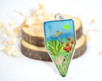 Summer Meadow Landscape Necklace, Real Mushroom & Snail Resin Pendant, Silver Nature Jewelry