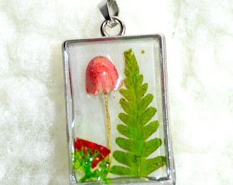 Red Mushroom & Fern Necklace • Silver Rectangular Pendant • Varbirka Botanical Resin Jewelry • Forestcore Terrarium Gift