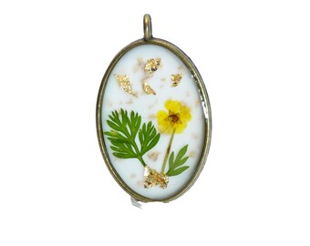 Real Yellow Flower Necklace, White Resin Oval Pendant, Gold Flakes, Sunny Botanical Jewelry