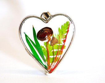 Real Mushroom & Fern Heart Necklace, Clear Resin Pendant, Silver Terrarium Jewelry, Forest Gift