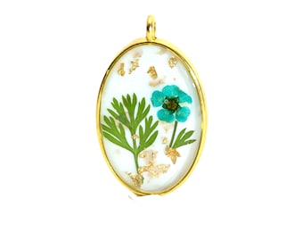 Real Turquoise Flower Necklace, White Resin Oval Pendant, Gold Flakes, Botanical Jewelry