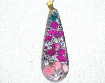 Radiant Magenta & Stardust. Pink Flower Resin Pendant - Glitter Floral Necklace, Real Dried Flowers