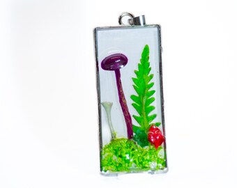 Real Purple Mushroom Resin Necklace Moss Terrarium Pendant Cottagecore Jewelry Gift For Her