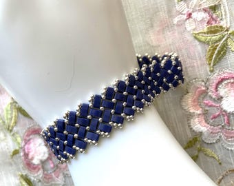 Woven Denim Blue and Silver Beaded Bracelet