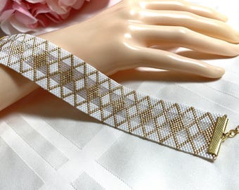Woven Gold and White Beaded Bracelet