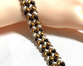 Woven Brown, Gold and White Beaded Bracelet