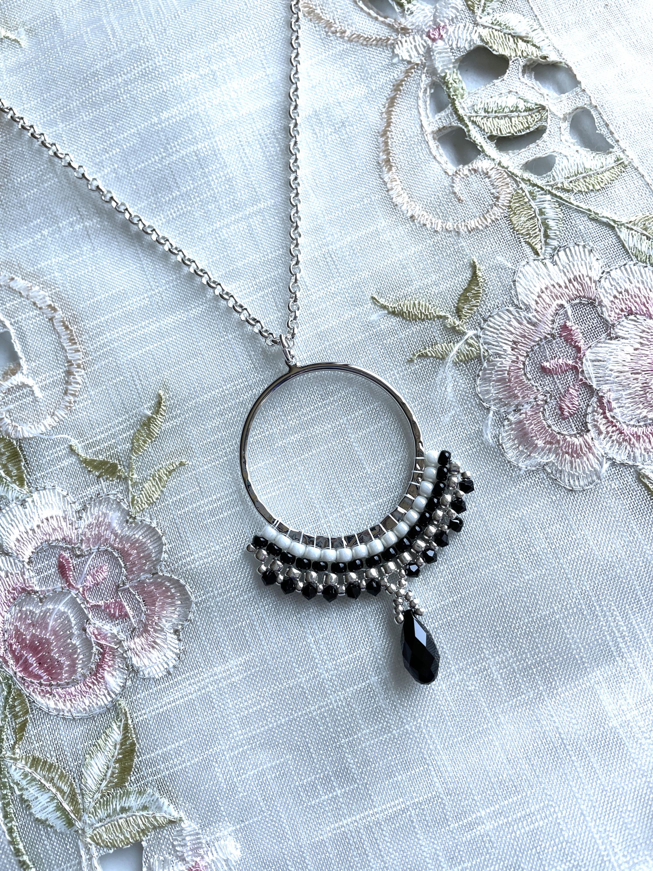 Beaded Pendant Necklace: Black, White & Silver Seed Beads, Crystal Drop