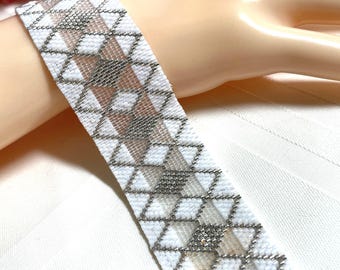 Woven Silver and White Beaded Bracelet