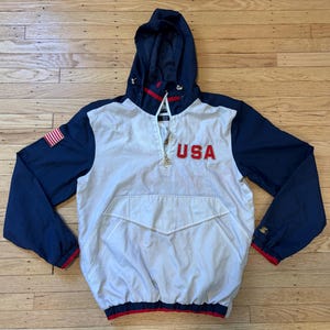 Vintage Starter USA Pullover Jacket | 90s Red White Blue American Flag Streetwear (Size M)