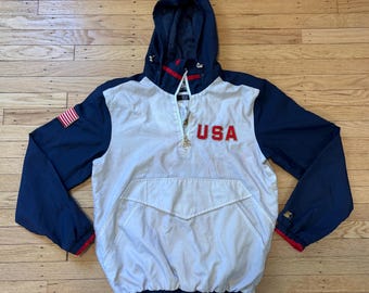 Chaqueta estilo jersey vintage Starter USA / Ropa de calle con bandera estadounidense en rojo, blanco y azul de los años 90 (talla M)