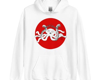 May include: White hoodie with a graphic of a white octopus with grey tentacles and chains, set against a red circle. The octopus has a skull-like face. The hoodie has a front pocket and a drawstring hood.