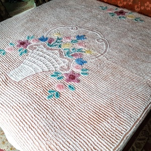 Vintage Cotton Chenille Bedspread, Peach with White Tufting, 92&quot;w. x 102&quot;l.