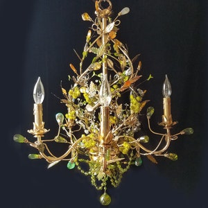 Fairy Woodland Chandelier Lighting, Gold and Silver Fish, One of a Kind, 23&quot;w. x 29&quot;h.