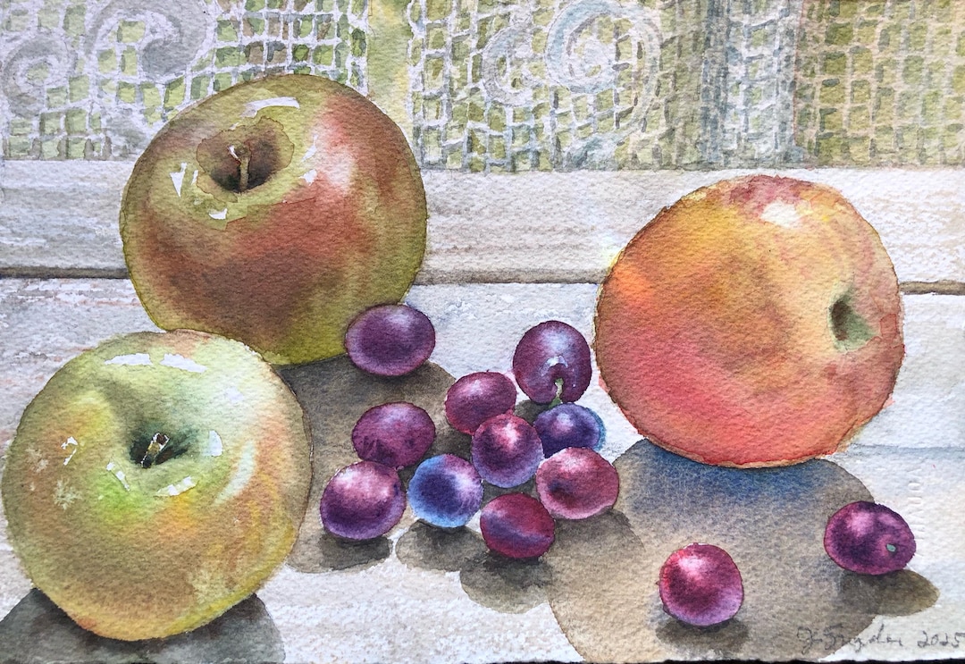 Watercolor Painting, Still Life With Fruit and Lace, 11”w. X 7.5” H ...