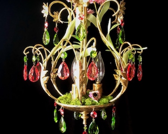 Colorful Chandelier, Pink and Green Mossy Floral, 12”w. X 17”h.