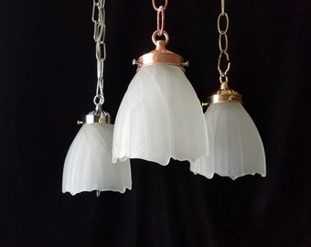 Art Nouveau Lighting, Vintage Pendant Lamp Trio, Butterfly Wing Motif