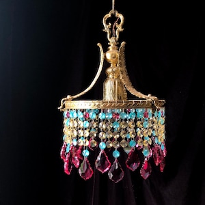 Vintage Colored Crystal Chandelier: Antique Brass & Leaded Prisms