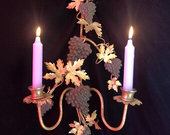 Vintage Gilded Double Candle Sconce, Grapes Leaves Motif, Hollywood Regency Style