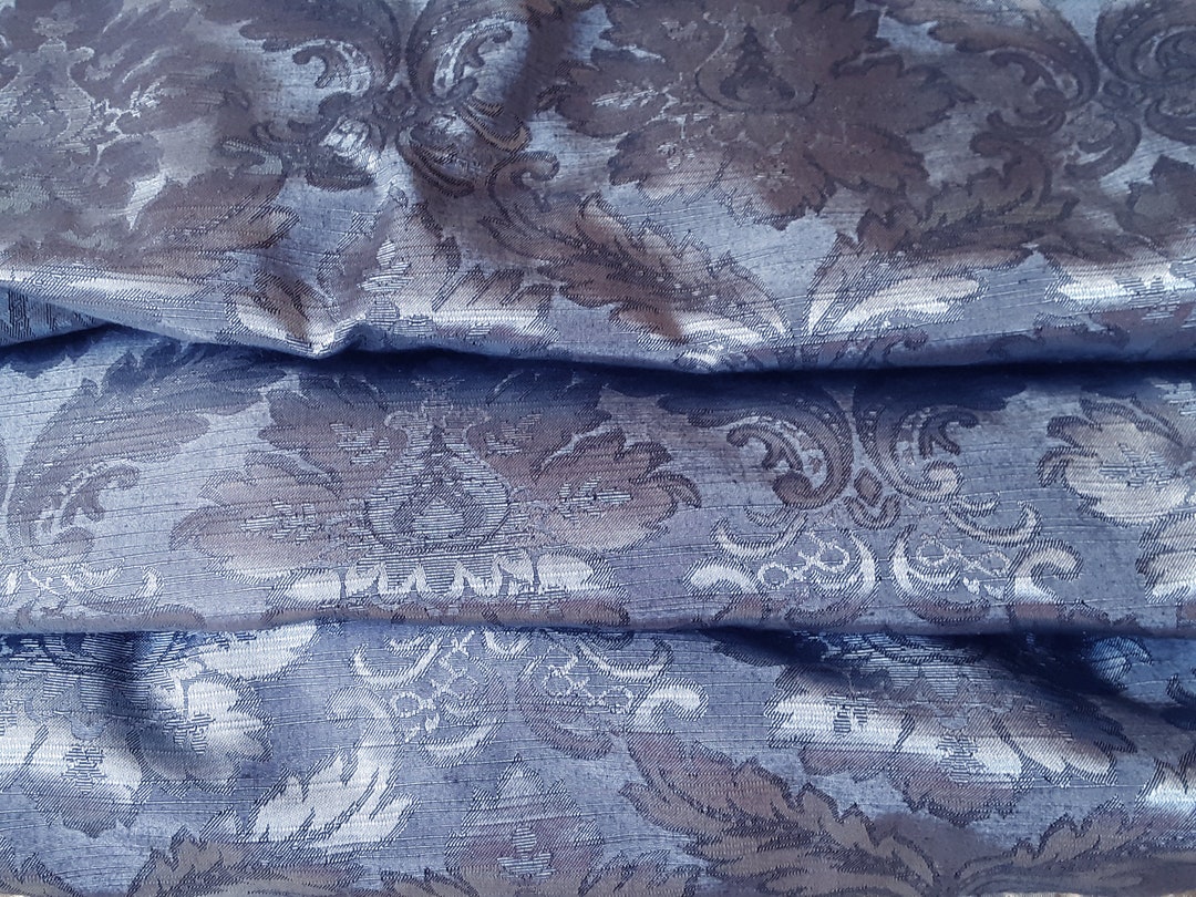Blue Brocade Curtain Pair, Heavy Lined Satin, Extra Long Pinched Pleat