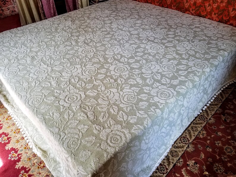 Cotton Chenille Bedspread Sage Green and White Hobnail Rose Etsy