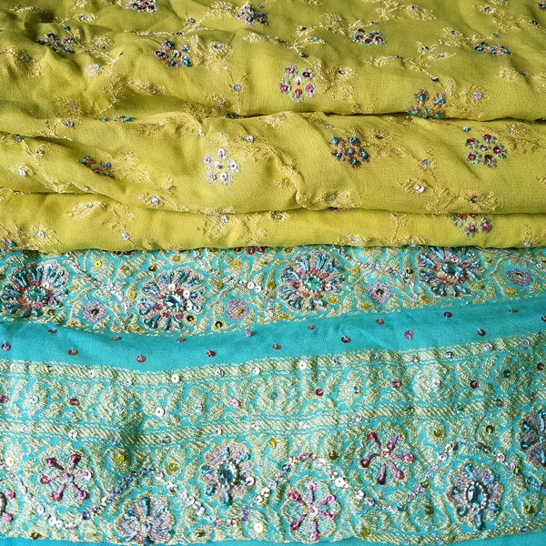 Chiffon Saree/Sari, Vintage Silk Chartreuse and Turquoise with Embroidery, Rhinestones and Sequins, 6 yards x 42"