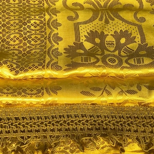 Vintage Italian Bedspread, Silk or Silk Blend Damask, Brilliant Yellow Gold, 104 w. X 92” l.