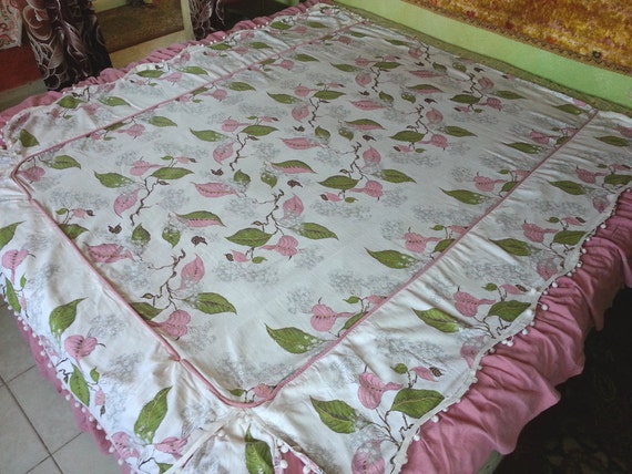 Vintage Bedspread, Cotton Bark Cloth with Pom Pom Trim, Twin, Rare,  85"w. x 91"l.