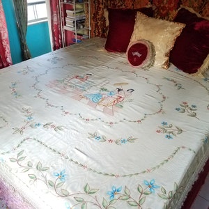 Vintage Italian Bedspread, RARE Hand Painted Woodgrain Satin, 94&quot;l. x 98&quot;w.