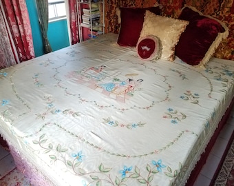 Vintage Italian Bedspread, RARE Hand Painted Woodgrain Satin, 94"l. x 98"w.
