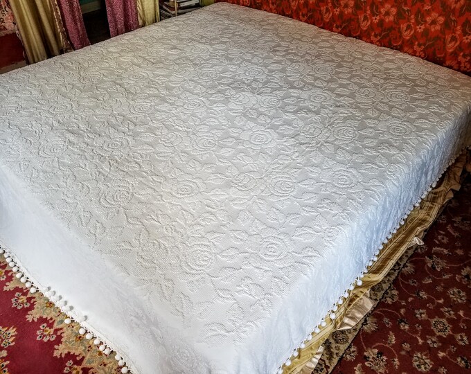 White Chenille Bedspread All Cotton Hobnail With Roses and Etsy