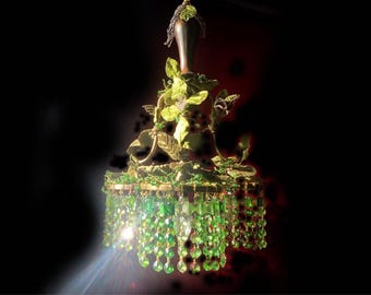Vintage Art Deco Chandelier: Handmade Woodland Style, Antique Crystal & Brass