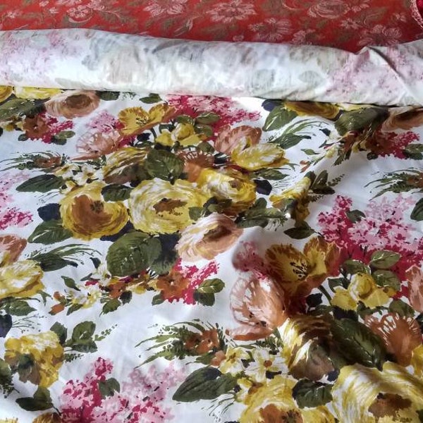 Bark Cloth or Poplin by the Yard, Vintage Floral 1940s, 4 Yards Available