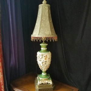 Italian Table Lamp, Antique Capodimonte Porcelain with Shade, Hand Painted with Enamel Detailing, 35"h. x 8"w.